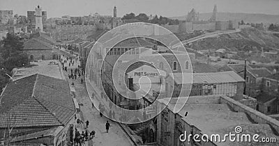 Archival monochrome photo taken from the Allenby Hotel in Jerusalem Palestine, now Israel, in 1920, showing a good view over the c Editorial Stock Photo