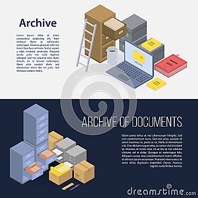 Archive file banner set, isometric style Vector Illustration