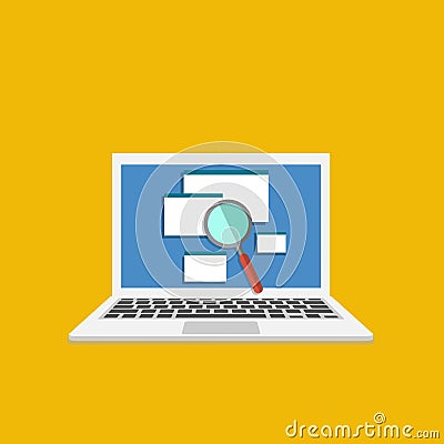 Archive review. Online analyzing check of law legal docs, find or search on laptop. Vector Illustration