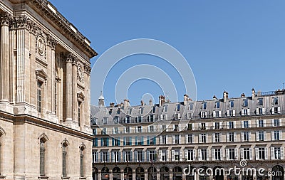 Louvre facade and archs of Rivoli street in Paris Stock Photo