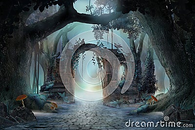 Archway in an enchanted fairy forest landscape, misty dark mood, Stock Photo