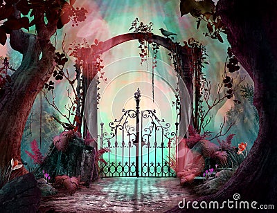 Archway in an enchanted garden Landscape with big old trees Stock Photo