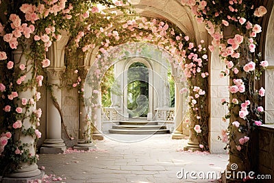 Archway Filled with Pink Roses Stock Photo