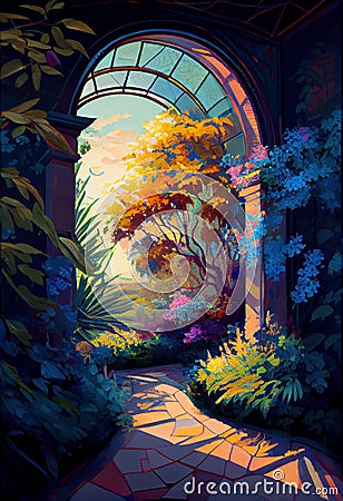 The Archway Garden: A Limited Palette of Bright Colors Stock Photo