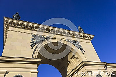 Archway in Munich with blue sky background Stock Photo