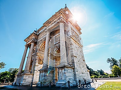 Arco della Pace known as Arch of Peace in Milan, Italy, built as part of Foro Bonaparte to celebrate Napoleon`s Stock Photo