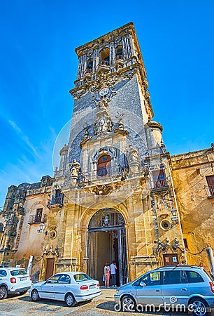 The bell tower of Minor Basilica, Arcos, Spain Editorial Stock Photo