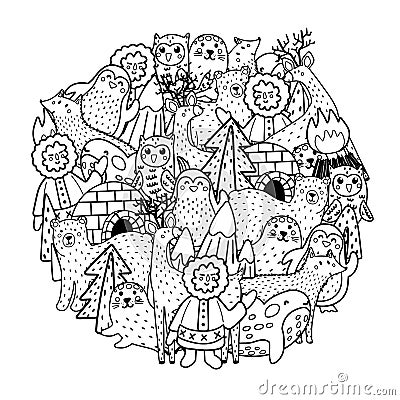Arctic animals circle shape pattern for coloring book. Black and white print Vector Illustration