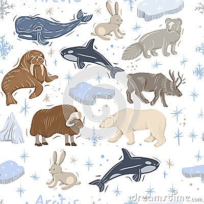 arctic animals nature wild world cold north cute cartoon ice snowflake polar bear muskox sperm whale scribe hand drawn Stock Photo