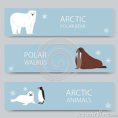 Arctic animals and north pole cartoon banners set, vector illustration. Antarctica and North Pole arctic animals, white Vector Illustration