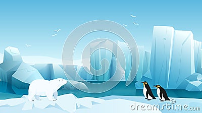 Arctic and Antarctic landscape, cute polar bear and penguins in winter icy scenery Vector Illustration