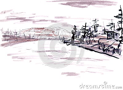 Arctic Circle landscape, graphic monochrome drawing on a white background Cartoon Illustration