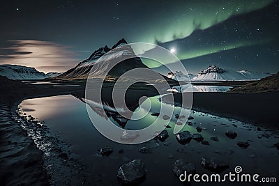 Arctic Elegance: Enchanting Northern Lights Dance Over Mountain and Lake, Creating a Breathtaking Landscape, ai generative Stock Photo