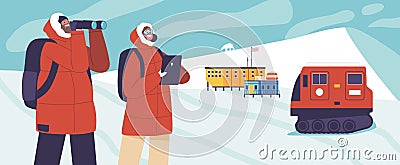 Arctic Exploration, Polar Expedition Concept. Scientist Explorer Characters In Warm Winter Outfit At Research Station Vector Illustration