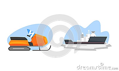 Arctic Explorer Set, Snowmobile and Ice Breaker, Polar Expedition Concept Cartoon Vector Illustration Vector Illustration