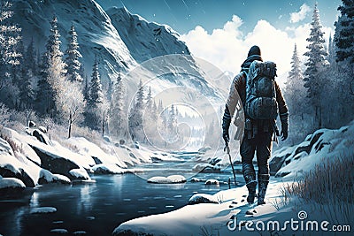 An arctic explorer walks along a beautiful glacial stream in a snowy landscape Cartoon Illustration