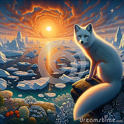 Arctic fox sitting in the midnight sun, at summer, whimsical wild place, flower, sky and clouds, bold painting, surrealism Stock Photo
