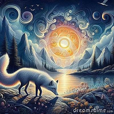 Arctic fox through a whimsical wild place, in the midnight sun, summer, flower, lake view, river, animal, bold painting Stock Photo