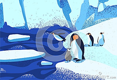 Arctic ice landscape flat vector illustration. Penguins family standing on ice floe. Melting glaciers. Iceberg, snow Vector Illustration