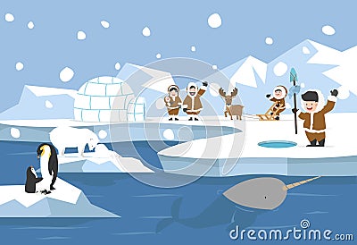 Arctic landscape with Eskimo Igloo ice house family background Vector Illustration