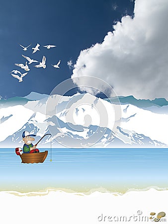 Arctic landscape with fisherman in boat Stock Photo