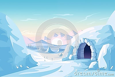 Arctic landscape with ice igloo .Housing for indigenous north families flat style illustration Cartoon Illustration