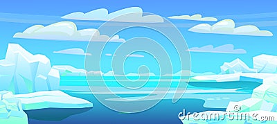 Arctic landscape. Iceberg ice Antarctica. Beautiful winter scenery. Blue sky clouds. Ice freeze into ocean. Far view Vector Illustration