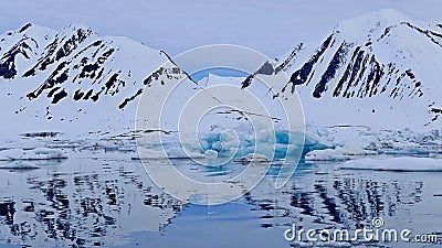 Arctic landscape with iceberg and reflections in the water of snowy mountains and blue sky, Svalbard archipelago, Norway Stock Photo