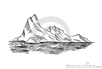 Arctic landscape. Icy mounts, Iceberg. Hand drawn illustration converted to vector Vector Illustration