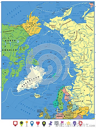 Arctic Ocean Political Map and flat map pointers Vector Illustration