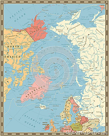 Arctic Ocean Political Map. Vintage colors Vector Illustration