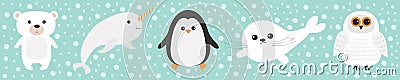 Arctic polar animal set line. White bear, owl, penguin, Seal pup baby harp, narwhal, unicorn-fish. Kids education cards. Blue snow Vector Illustration