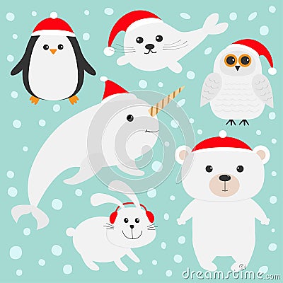 Arctic polar animal set in red Santa hat. White bear, owl, penguin, Seal pup baby harp hare rabbit narwhal unicorn-fish. Kids Vector Illustration