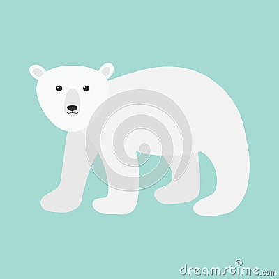 Arctic polar bear cub. Cute cartoon baby character. Flat design. Blue background. Isolated. Winter time. Vector Illustration