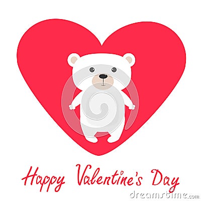 Arctic polar bear cub. Cute cartoon character. Happy Valentines Day. Love card with big red heart. Flat design. White background. Vector Illustration