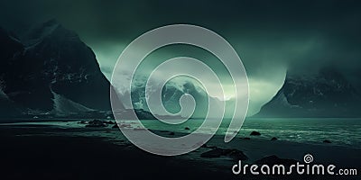 Arctic seascape with snow on mountain slopes. Strong Northern lights behind clouds casting green hue in the landscape Stock Photo
