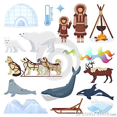 Arctic vector northern borealis norway and husky dog sledding sledge to yurta in snowy winter illustration polaris set Vector Illustration