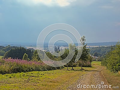 Hills of Ardennes with trees and wildflowers and Basilica of Saint-Hubert Stock Photo