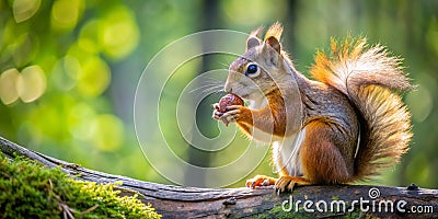 ardilla comiendo una nuez sobre una rama de un bosque AI Generative Stock Photo