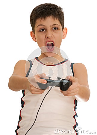 Ardor boy is playing a computer game with joystick Stock Photo