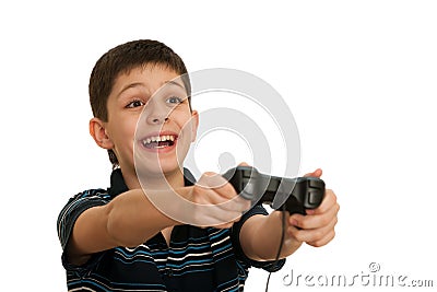 Ardor boy is playing a computer game with joystick Stock Photo