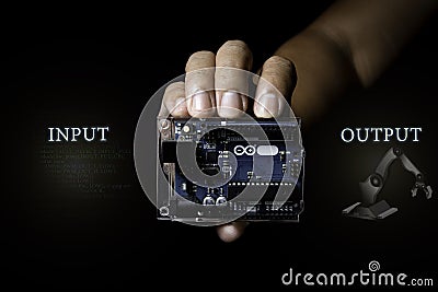 Arduino control broad element photo with infographic details Stock Photo