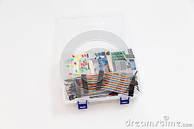 Arduino DIY kit for creating robots and other home-made products. Arduino Mega, Arduino Uno, Arduino Mini. Stock Photo