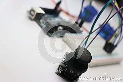Arduino project made using micro servo and joystick module with selective focus. Innovative arduino project using various Stock Photo