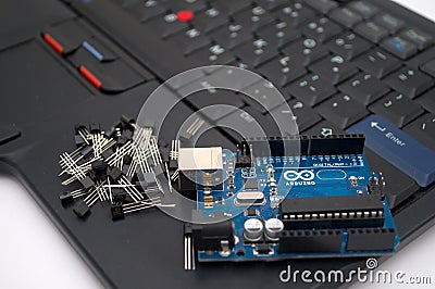 Arduino, transistors, protoboard with LED lined up Stock Photo