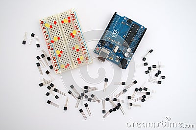 Arduino, transistors, protoboard with LED lined up Stock Photo
