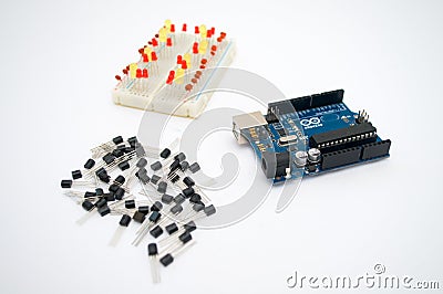Arduino, transistors, protoboard with LED lined up Stock Photo