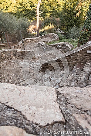 Arduous Winding Old stone Stairs In Vicopisano, Italy Stock Photo