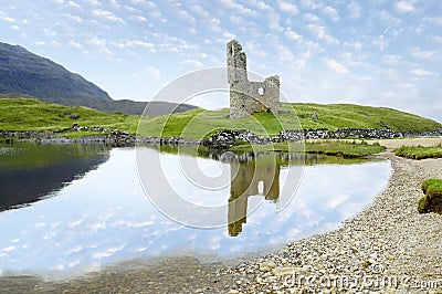 Ardvreck castle ruins in Scotland and Loch Assynt Stock Photo