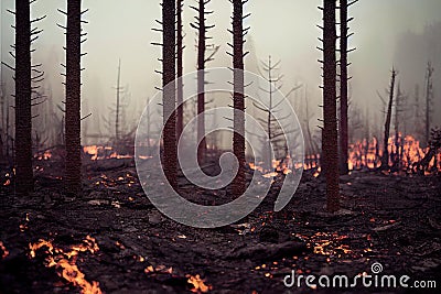 Area of illegal deforestation with fire, destroying natural environment caused by aggressive hazard human activity Stock Photo